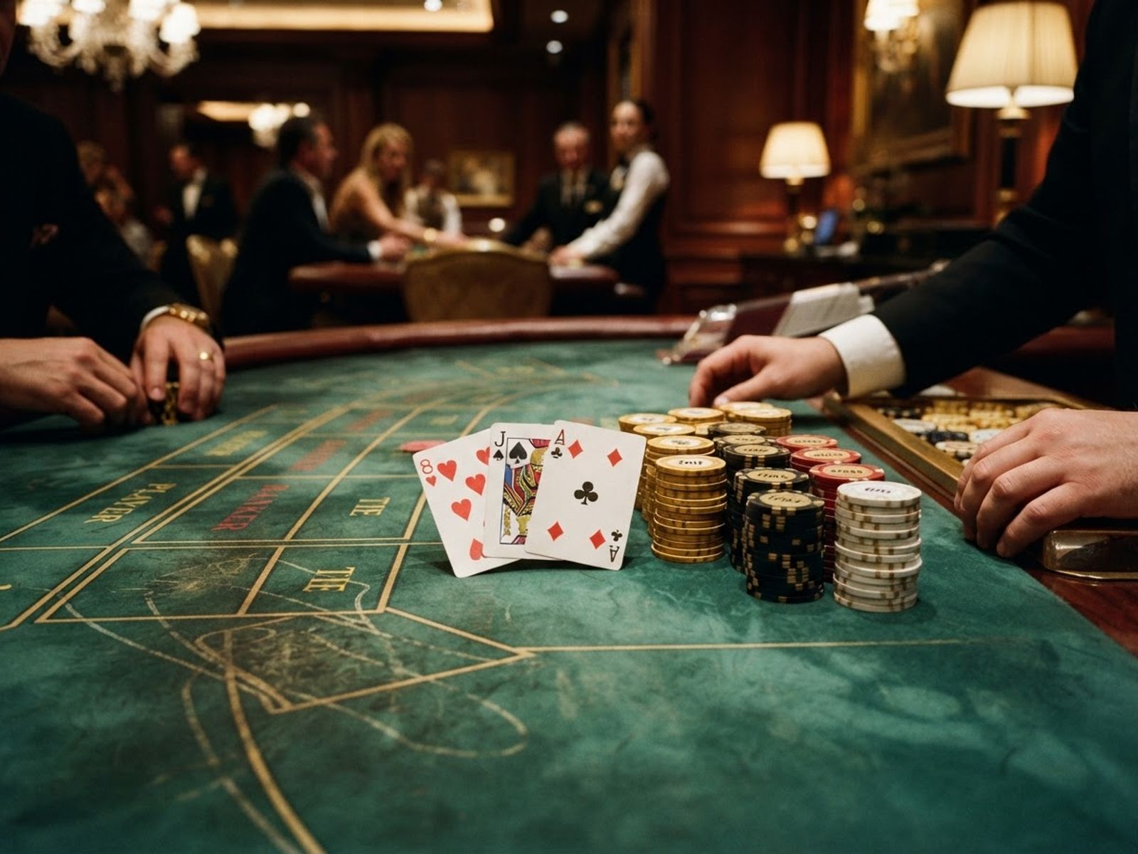 Baccarat table with fanned cards and chips