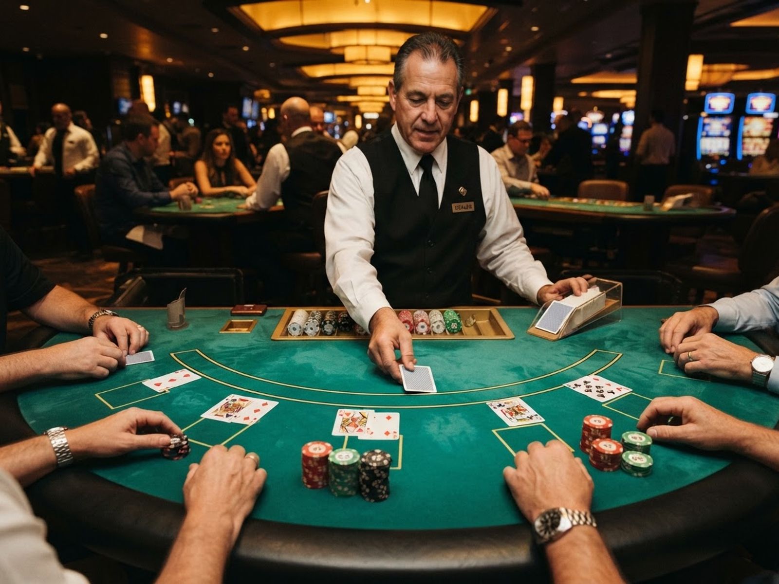 Blackjack table with cards being dealt