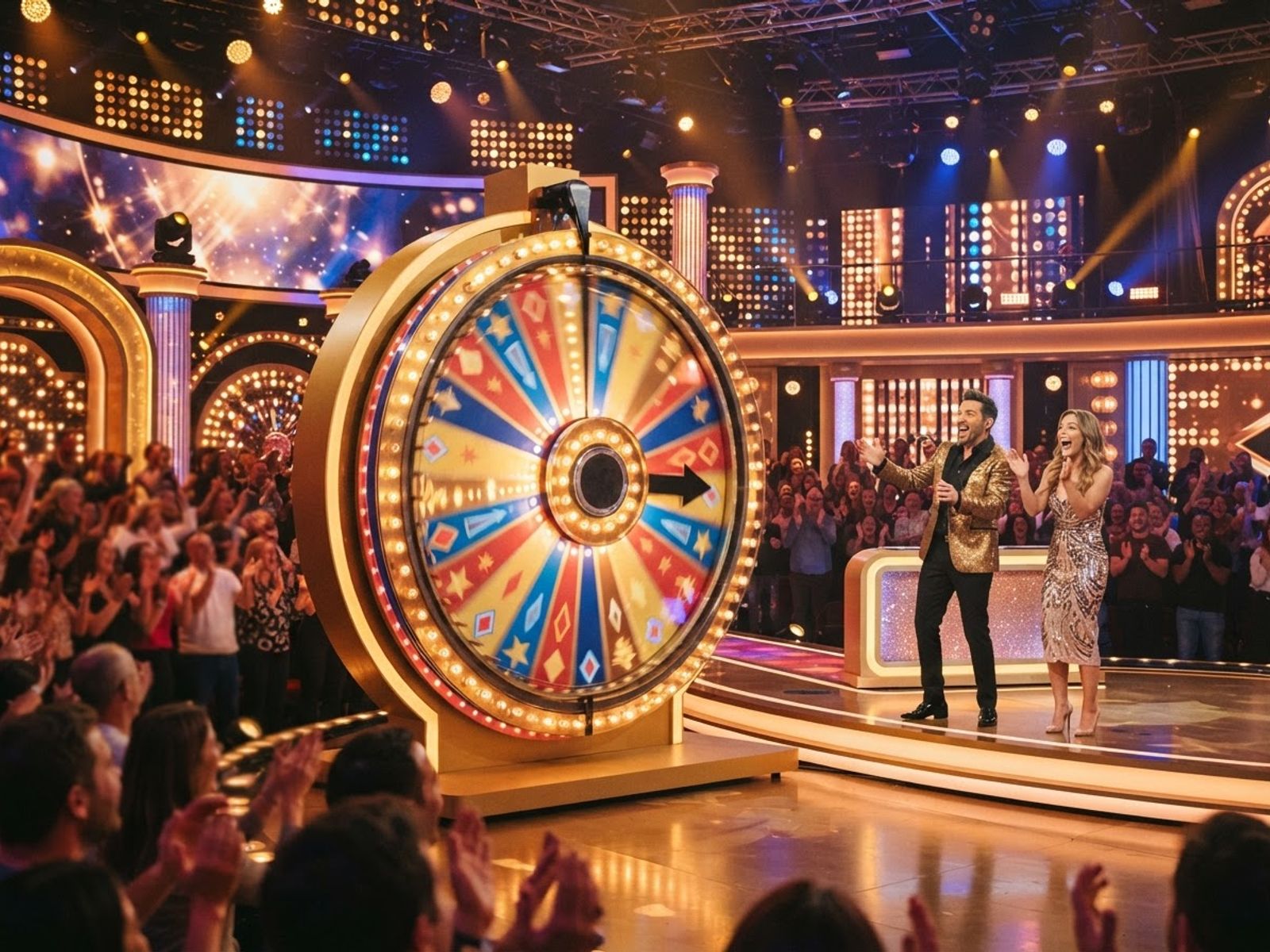 Game show studio with prize wheel spinning